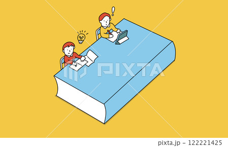 教科書とデジタルデバイスを使って学習する子供のイメージイラスト 教科書とデジタルデバイスを使って学習する子供のイメージイラスト 122221425