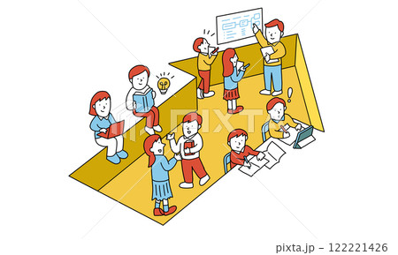 将来に向かってそれぞれの方法で勉強するいろんな世代の学生のイメージイラスト 122221426