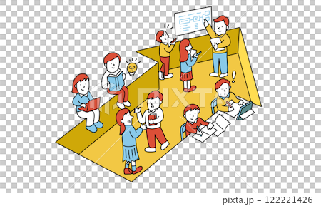 Illustration of students of different generations studying in different ways towards the future 122221426