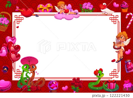Valentine day greeting card with snakes and cupid cherubs, vector love holiday banner. Valentine Day blank background with frame of funny snakes in love with heart balloons and angels on pink clouds 122221430