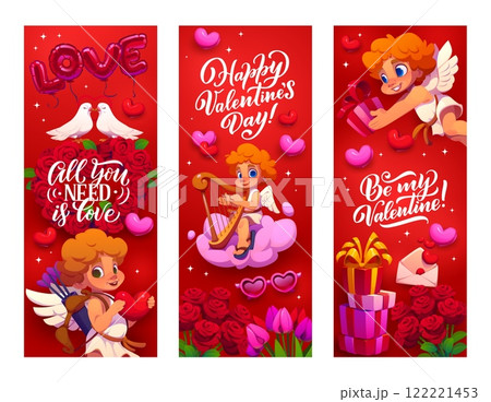 Valentine day banners with cherubs and cupid characters for love holiday, vector backgrounds. Valentine day greeting banners with love quotes, hearts and roses flowers and love balloons with gifts 122221453