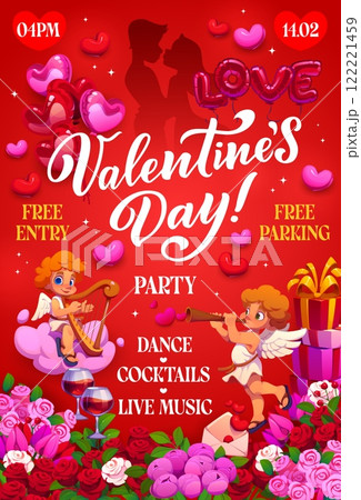 Valentines day party flyer, vector invitation poster featuring cherubs playing music, roses, balloons, gifts, romantic elements, hearts, flowers and silhouettes of a couple on festive red background 122221459