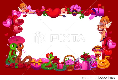 Valentines day banner with holiday frame, heart and cherubs. Vector romantic festive rectangular border for messages or invitations, featuring cherubic cupids, cartoon snakes, heart balloons and roses 122221465