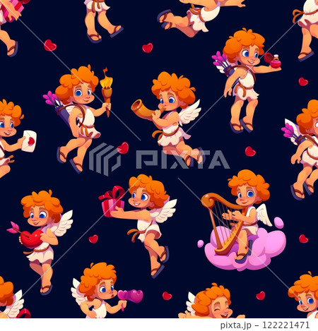 Valentine cherub and angel characters seamless pattern showcases cute cupids with orange curly hair, wings and white garments, engaging in love activities like gifting, playing a harp, shooting arrows Valentine cherub and angel characters seamless pattern showcases cute cupids with orange curly hair, wings and white garments, engaging in love activities like gifting, playing a harp, shooting arrows 122221471