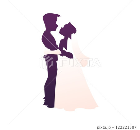 Valentine day and wedding couple silhouette, vector love symbol. Bride and bridegroom silhouette of couple kissing and embracing, woman in wedding dress with veil and man in tuxedo for Valentine day Valentine day and wedding couple silhouette, vector love symbol. Bride and bridegroom silhouette of couple kissing and embracing, woman in wedding dress with veil and man in tuxedo for Valentine day 122221587