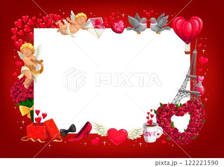 Valentine day greeting card with hearts and cupids for love holiday, vector background. Valentine day photo frame of funny cherub characters, Eiffel tower and roses flowers with gifts and doves Valentine day greeting card with hearts and cupids for love holiday, vector background. Valentine day photo frame of funny cherub characters, Eiffel tower and roses flowers with gifts and doves 122221590