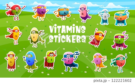 Stickers pack of superhero vitamin and micronutrient characters. Food supplement dragee hero cartoon vector comical personage, defender vitamin tablet or micronutrient pills character stickers set Stickers pack of superhero vitamin and micronutrient characters. Food supplement dragee hero cartoon vector comical personage, defender vitamin tablet or micronutrient pills character stickers set 122221602