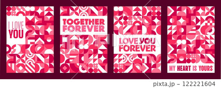 Valentine Day posters with geometric shapes pattern background. Abstract modern vector graphic of pink circles, squares and triangles geometric mosaic. Valentines Day holiday banners, greeting cards 122221604