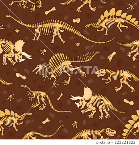 Prehistoric dinosaur fossils seamless pattern. Dino skeletons, bones and skulls vector background. Cartoon tyrannosaurus, triceratops, stegosaurus, velociraptor and spinosaurus dinosaur fossil pattern 122221622