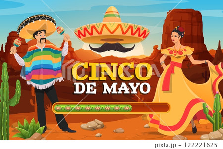 Cinco de Mayo mexican holiday loading bar with cartoon mariachi characters on desert landscape vector background. Progress bar of download, upload or installation status with mariachi personages 122221625