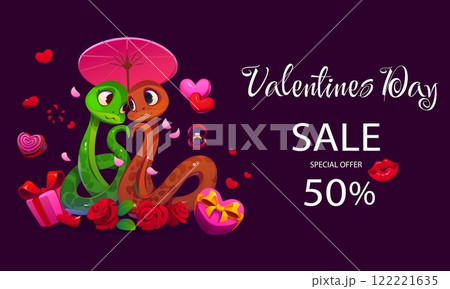 Valentine Day sale banner and discount special offer promotion poster with cartoon snakes couple characters, love holiday gifts, flowers, hearts. Vector banner of Valentine Day sale with love reptiles 122221635