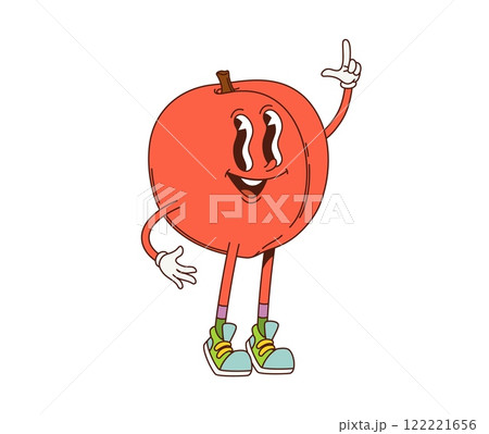 Cartoon peach fruit funny groovy character. Raw sweet fruit groovy happy mascot. Fresh and ripe peach funky isolated vector character or natural food retro cartoon cheerful personage 122221656