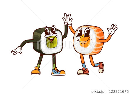 Fast food groovy sushi and roll characters. Asian cuisine restaurant menu sushi comical isolated retro personages. Sushi maki and tuna rolls cheerful 60s 70s groovy vector characters giving high five 122221676