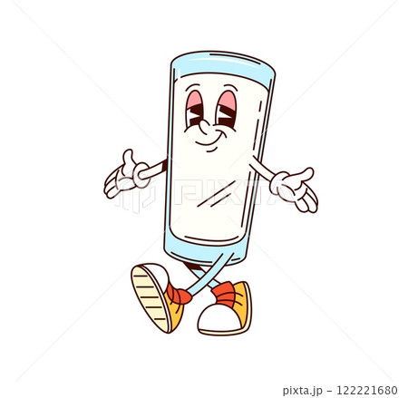 Groovy milk drink glass comical character. Healthy nutrition dairy product beverage cartoon isolated vector mascot, yogurt glass cute groovy personage. Fresh milk drink cheerful walking character 122221680