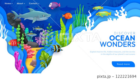 Paper cut landing page template with cartoon underwater landscape featuring diverse marine life including fish, coral, and a shark. Vector web banner captures the beauty and mystery of the ocean depth 122221694