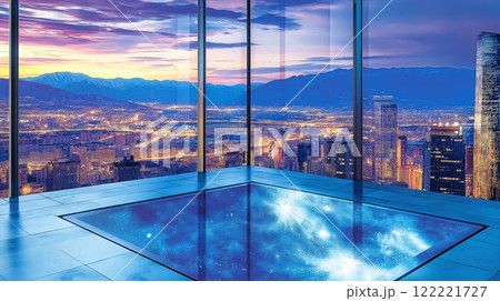 Luxury sky lounge with glass floor overlooking...のイラスト素材 [122221727
