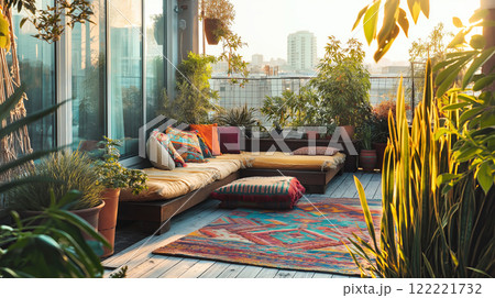 Cozy urban balcony oasis with lush greenery and vibrant textiles at sunset 122221732