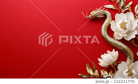 Golden Asian dragon and white flowers on vibrant red background 122221750