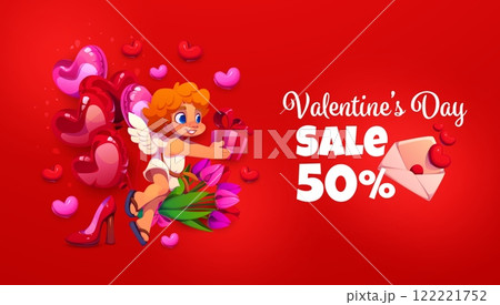 Valentine Day sale banner with cherub cupid character and hearts, vector shopping ad poster. Valentine day sale and love holiday discount promo banner with heart balloons and love message envelope Valentine Day sale banner with cherub cupid character and hearts, vector shopping ad poster. Valentine day sale and love holiday discount promo banner with heart balloons and love message envelope 122221752