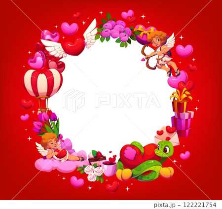 Valentines day frame banner with playful cherubs, cute cartoon snake holding a heart, gifts, balloons, roses and desserts on bold red background, adorned with festive elements for romantic celebration 122221754
