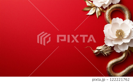 Golden dragon and white flowers on red background: Asian symbolism and elegance 122221762