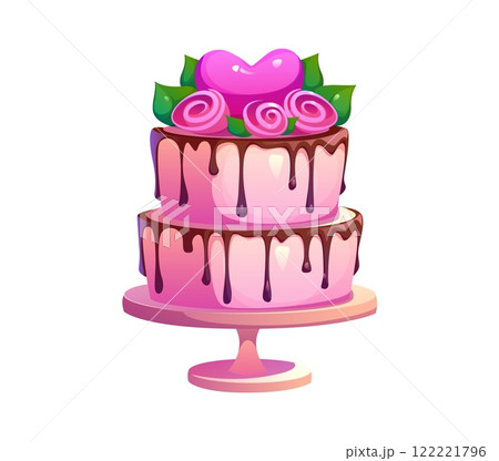 Wedding cake for Valentine day or marriage and love holiday, vector cartoon symbol. Wedding cake with pink cream rose flowers and caramel candy heart in chocolate for Valentine day confectionery 122221796