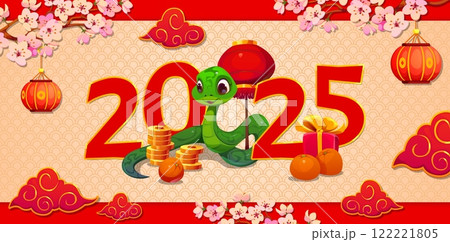 Funny cute green snake with golden coins, Chinese lunar new year greeting card. 2025 Asian horoscope reptile between red lanterns, clouds and sakura flowers. Happy Cny holiday celebration banner 122221805