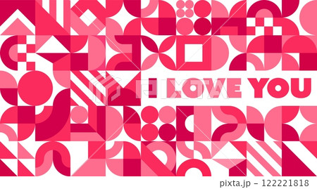 Valentines day greeting card with geometric shapes and patterns in shades of pink and red. Vector layout featuring the words i love you, radiates affection and love for romantic and celebratory events Valentines day greeting card with geometric shapes and patterns in shades of pink and red. Vector layout featuring the words i love you, radiates affection and love for romantic and celebratory events 122221818
