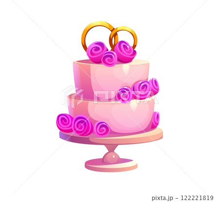 Wedding cake with golden rings for Valentine day or marriage, vector cartoon love symbol. Wedding cake with pink roses of cream or caramel on tray plate, romantic sweet dessert for Valentine day 122221819
