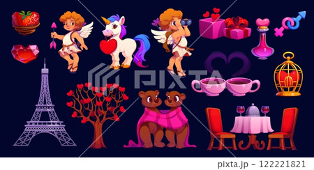 Cartoon love and valentine day characters and symbols romantic vector set. Strawberry, cherub, unicorn, gift box and intertwined male and female signs. Potion bottle, heart gemstone, the Eiffel Tower 122221821