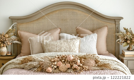 Cozy bedroom with neutral tones and rustic decor elements 122221822