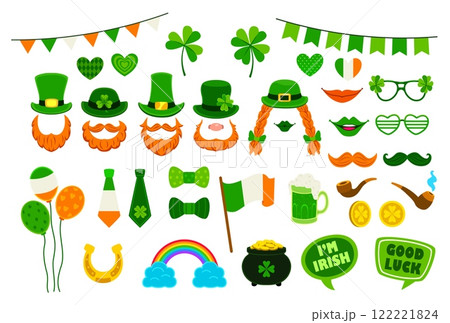 St Patrick day photo booth, Irish holiday party photobooth and stickers. Vector leprechaun hats, orange beards, shamrocks, Irish flags, balloons, rainbows, gold coins, green beer mugs and horseshoes 122221824