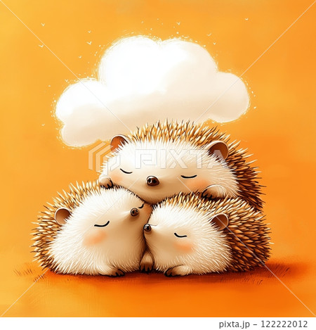 Hedgehogs cuddling together under a whimsical cloud in a warm orange setting Hedgehogs cuddling together under a whimsical cloud in a warm orange setting 122222012