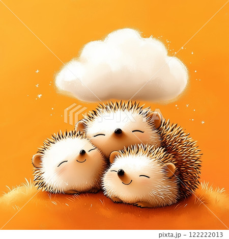 Cute hedgehogs huddling together under a fluffy cloud on a bright orange background Cute hedgehogs huddling together under a fluffy cloud on a bright orange background 122222013