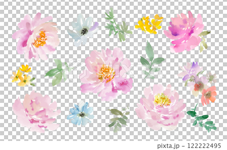 水彩で描いた抽象的なピンクの芍薬、草花のベクターイラストセット 122222495