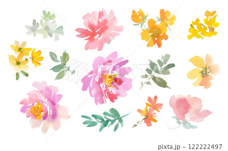 水彩で描いた抽象的なピンクの芍薬、黄色い草花のベクターイラストセット 水彩で描いた抽象的なピンクの芍薬、黄色い草花のベクターイラストセット 122222497