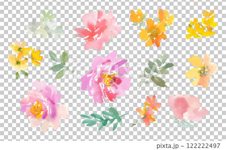 水彩で描いた抽象的なピンクの芍薬、黄色い草花のベクターイラストセット 水彩で描いた抽象的なピンクの芍薬、黄色い草花のベクターイラストセット 122222497