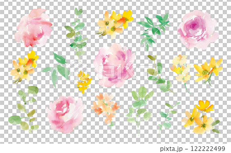 Vector illustration set of abstract pink roses, yellow flowers painted in watercolor 122222499