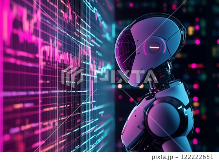Futuristic robot observing digital data in a vibrant neon environment at night 122222681