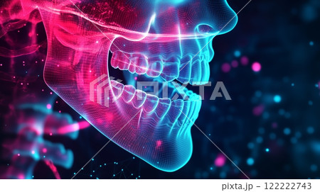 Detailed digital rendering of a human skull showcasing teeth and jaw structure Detailed digital rendering of a human skull showcasing teeth and jaw structure 122222743