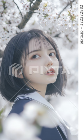 桜並木と女子生徒　入学卒業イメージ 122222882