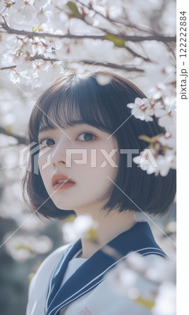 桜並木と女子生徒　入学卒業イメージ 122222884