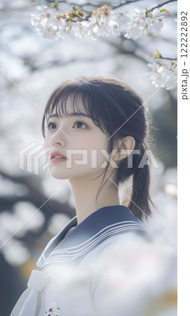 桜並木と女子生徒　入学卒業イメージ 122222892