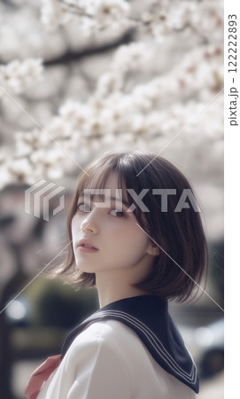 桜並木と女子生徒　入学卒業イメージ 122222893