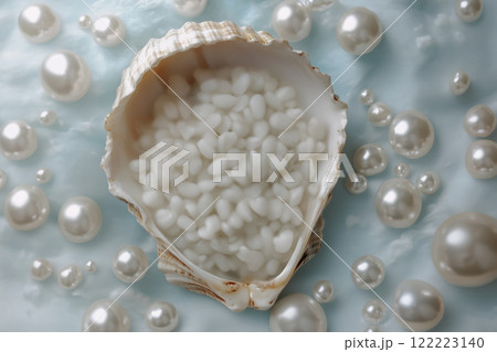 Natural pearls and small beads in a seashell surrounded by shimmering pearls Newborn backdrop 122223140