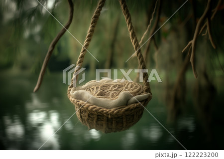 Hanging basket with yarn by a tranquil waterside during golden hour Newborn backdrop 122223200