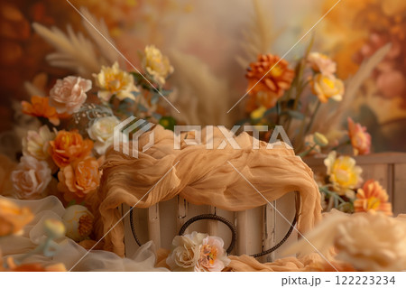 Beautiful floral arrangement with soft textures in warm autumn colors Newborn backdrop 122223234