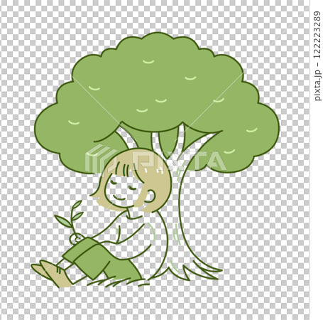 坐在樹下放鬆的女人插畫素材_Green 122223289