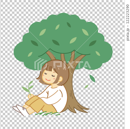 Illustration material of a woman sitting and relaxing under a tree_Color 122223290