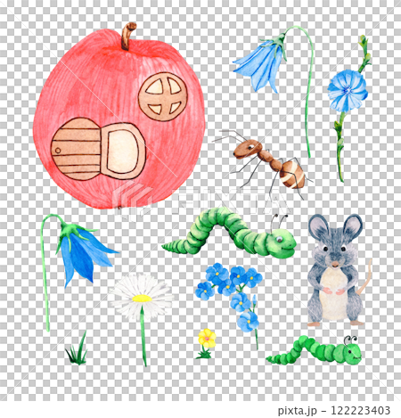 Set of character elements: house apple, flowers, mouse, ant, caterpillar and grass. Drawn in watercolor technique by hand Set of character elements: house apple, flowers, mouse, ant, caterpillar and grass. Drawn in watercolor technique by hand 122223403